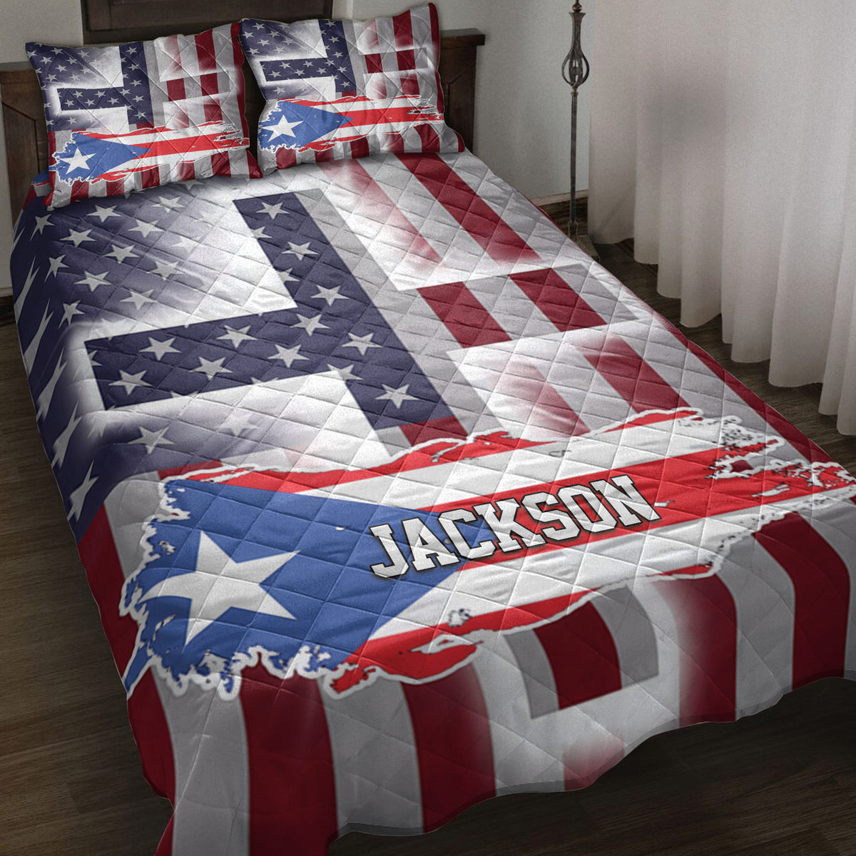 Puerto Rico quilt blanket displayed on a bed with red, white, and blue flag-inspired artwork