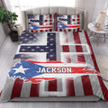 Puerto Rico quilt bedding styled in a bright bedroom with island flag artwork
