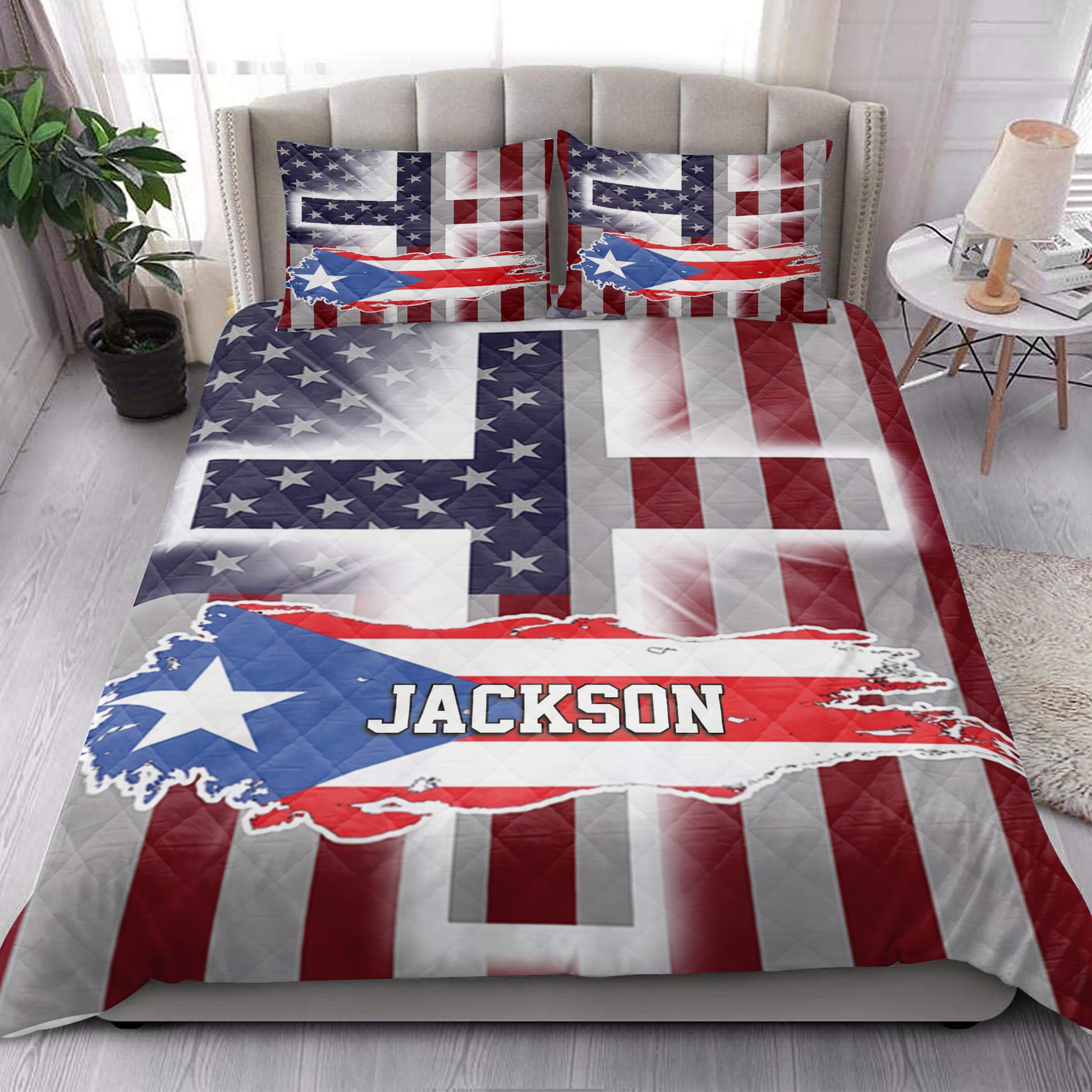 Puerto Rico quilt bedding styled in a bright bedroom with island flag artwork