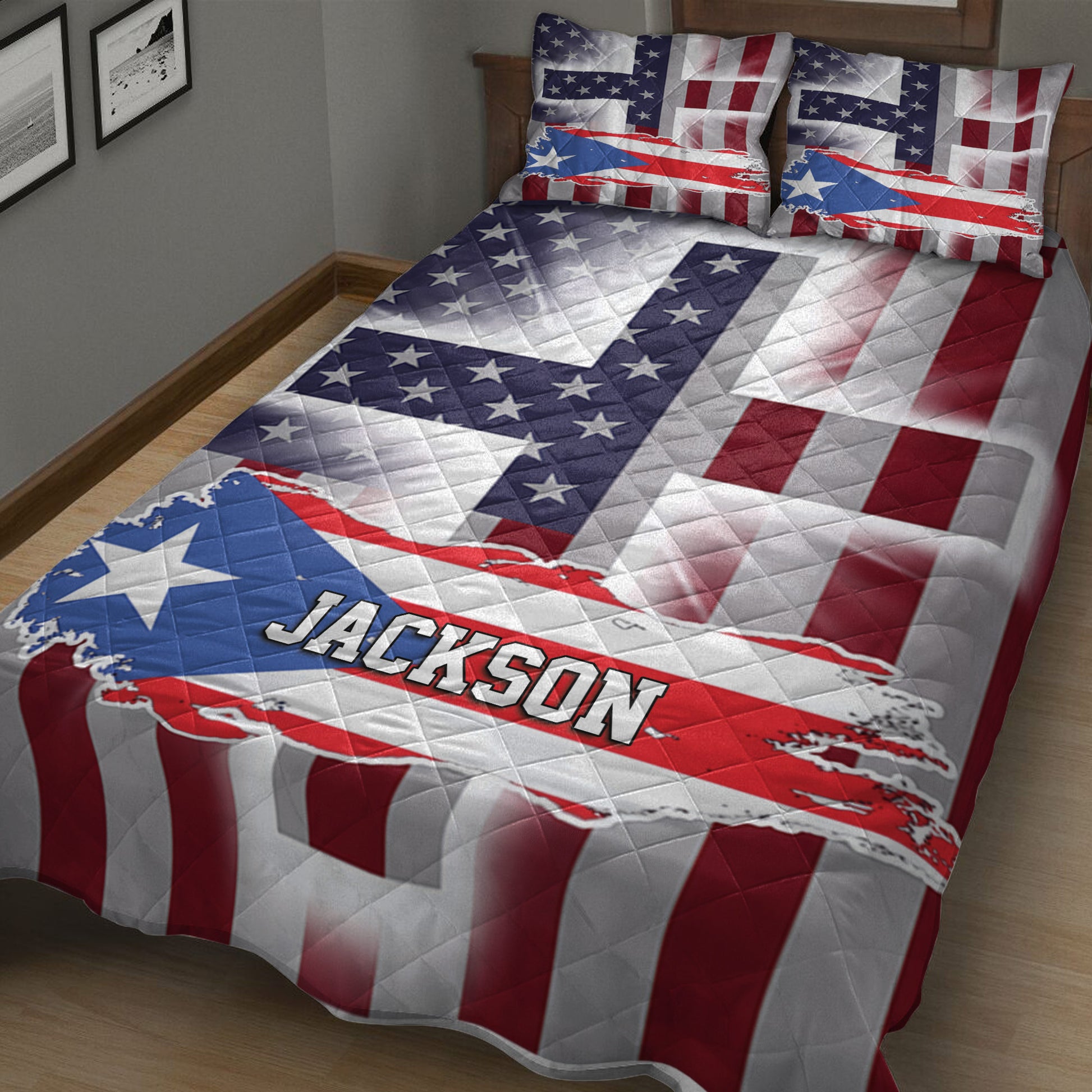 Puerto Rico quilt blanket shown on a bed with colorful flag stripes and star details