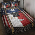 Texas quilt bedding set displayed on a bed with longhorn artwork, Lone Star colors, stars, and Western styling