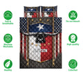 Texas longhorn quilt blanket shown front-facing with patriotic colors and visual product feature icons