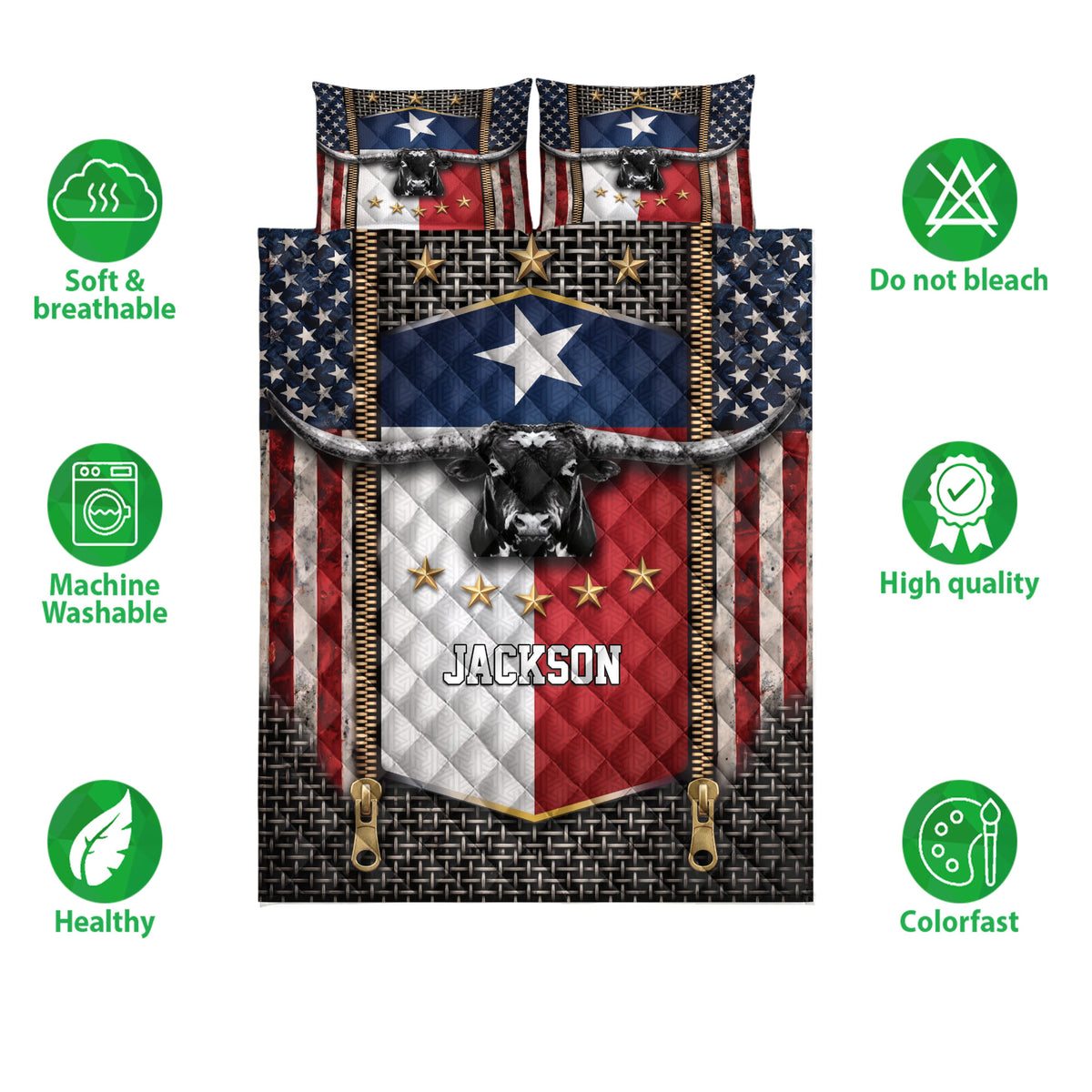 Texas longhorn quilt blanket shown front-facing with patriotic colors and visual product feature icons