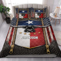 Texas quilt bedding set styled in a bright bedroom with longhorn artwork, stars, and red, white, and blue colors