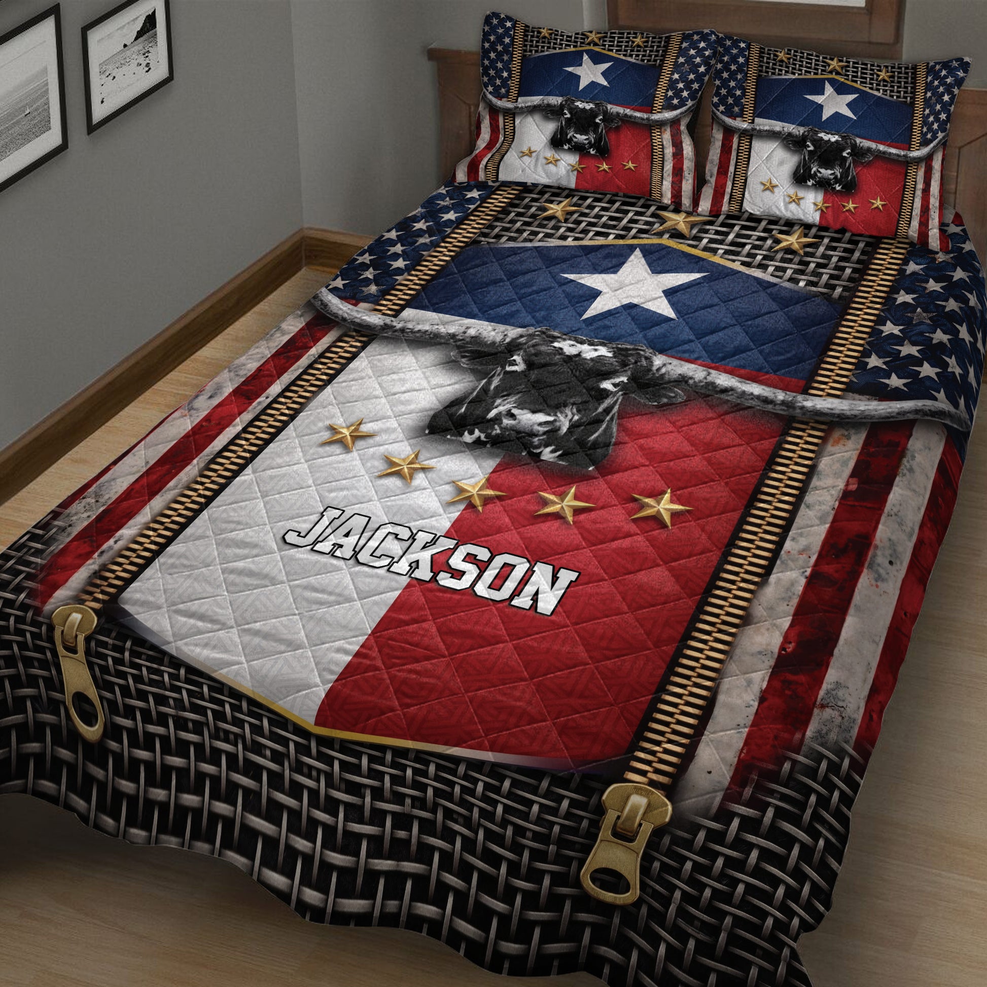 Close view of Texas longhorn quilt blanket with Lone Star colors, gold stars, Western texture, and bedroom styling