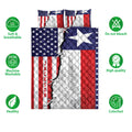 Texas flag-inspired quilt bedding set shown with floral artwork and product feature icons