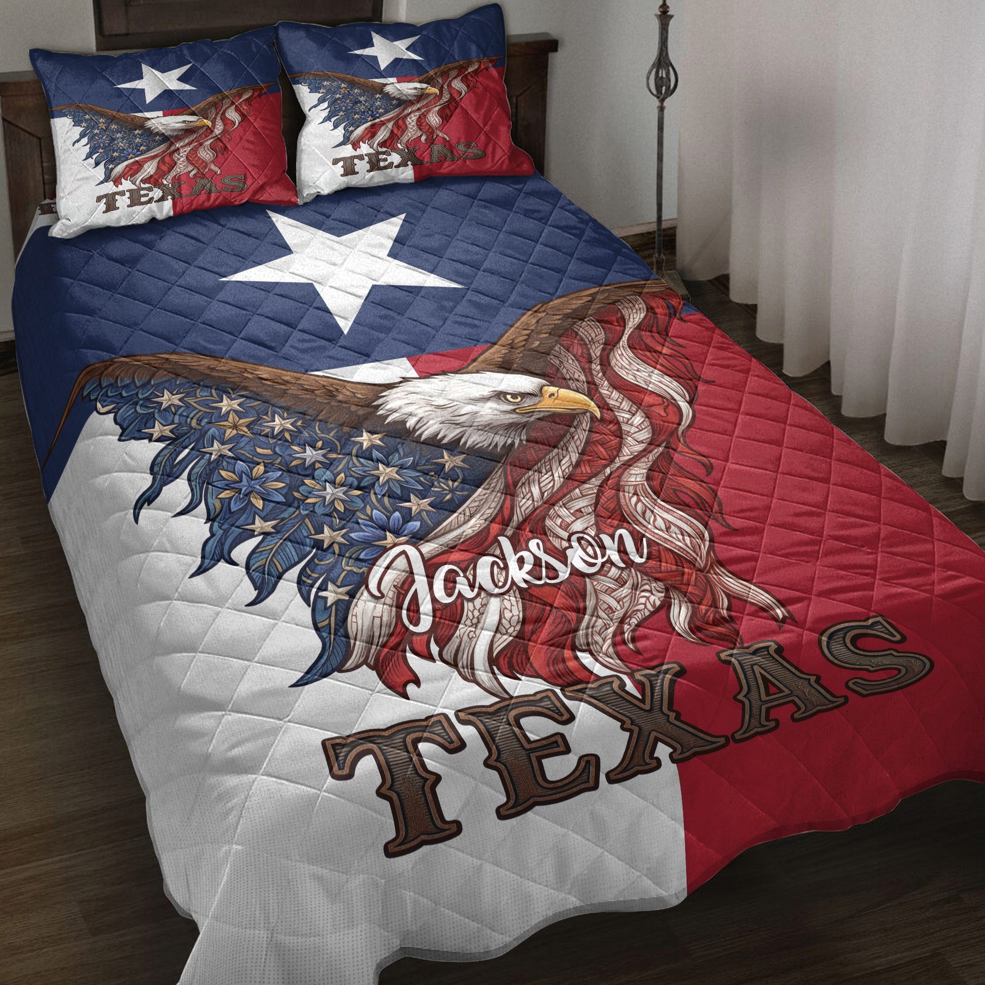 Texas eagle quilt blanket bedding set displayed on a bed with patriotic red, white, and blue artwork