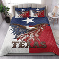 Texas eagle quilt blanket styled in a bright bedroom with coordinating patriotic bedding artwork