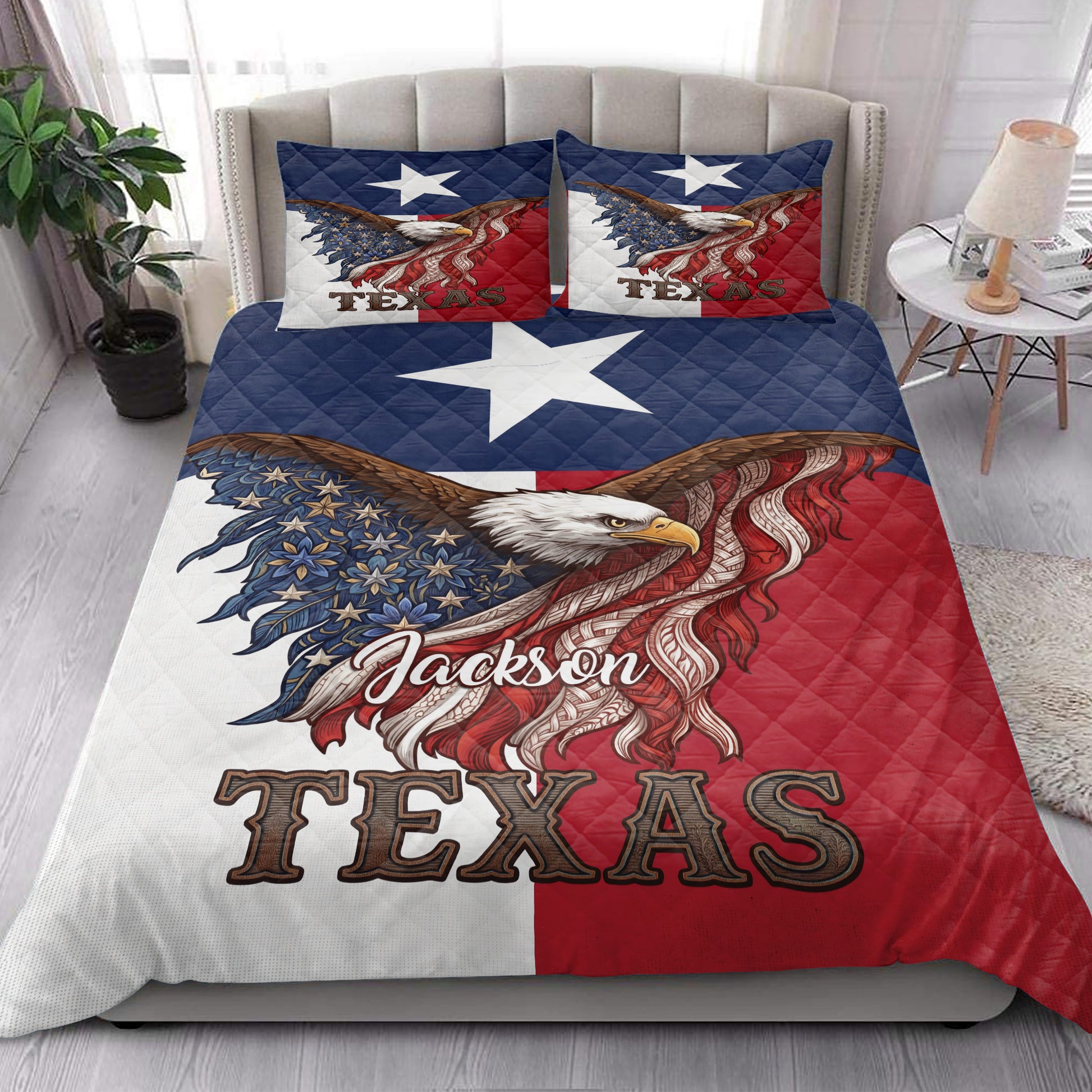 Texas eagle quilt blanket styled in a bright bedroom with coordinating patriotic bedding artwork