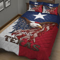 Patriotic Texas eagle quilt blanket displayed across a bed in a rustic bedroom setting