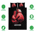 Boxing quilt bedding set with red gloves artwork shown with product feature icons