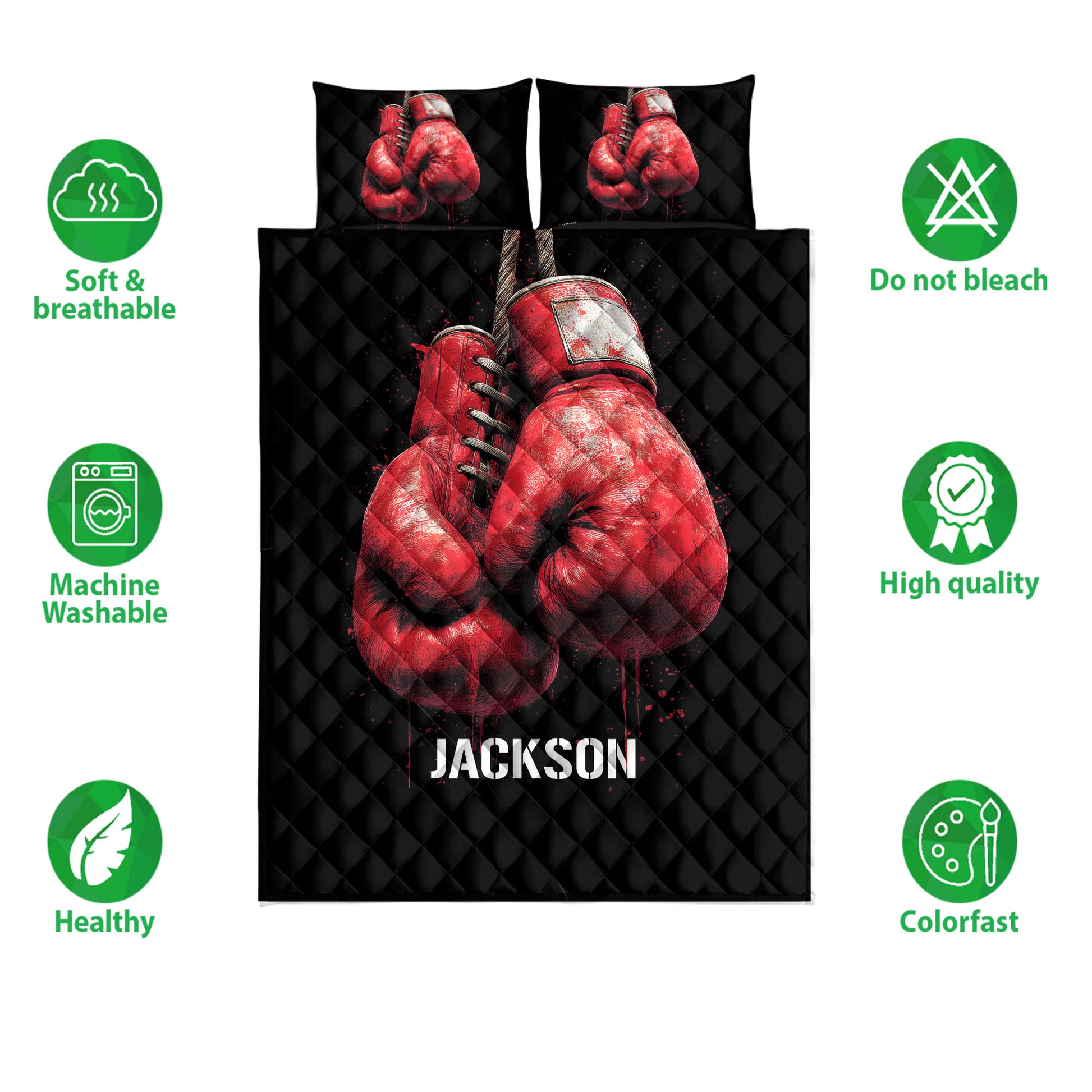 Boxing quilt bedding set with red gloves artwork shown with product feature icons