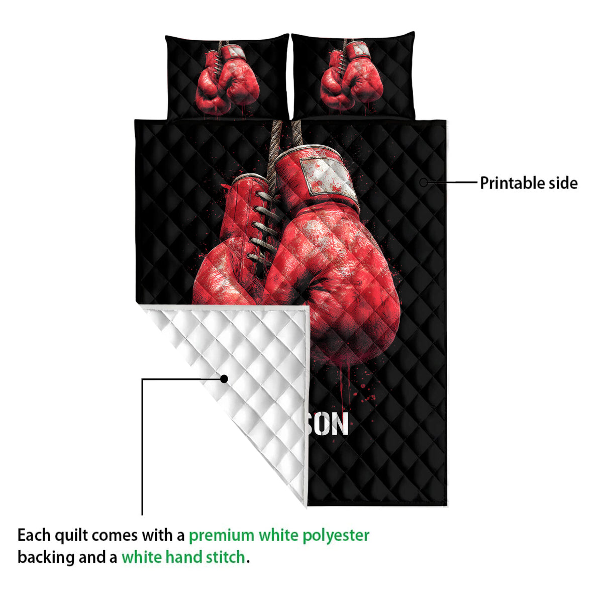 Boxing quilt blanket showing the printed glove design and contrasting quilt backing