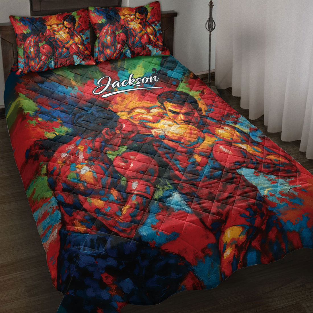 Colorful boxing quilt blanket displayed on a bed with boxer artwork and coordinating boxing pillow designs