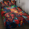 Colorful boxing quilt blanket displayed on a bed with boxer artwork and coordinating boxing pillow designs