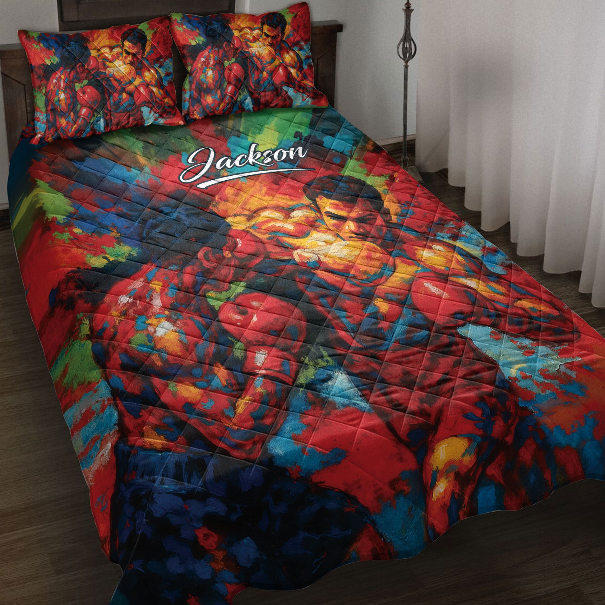 Colorful boxing quilt blanket displayed on a bed with boxer artwork and coordinating boxing pillow designs