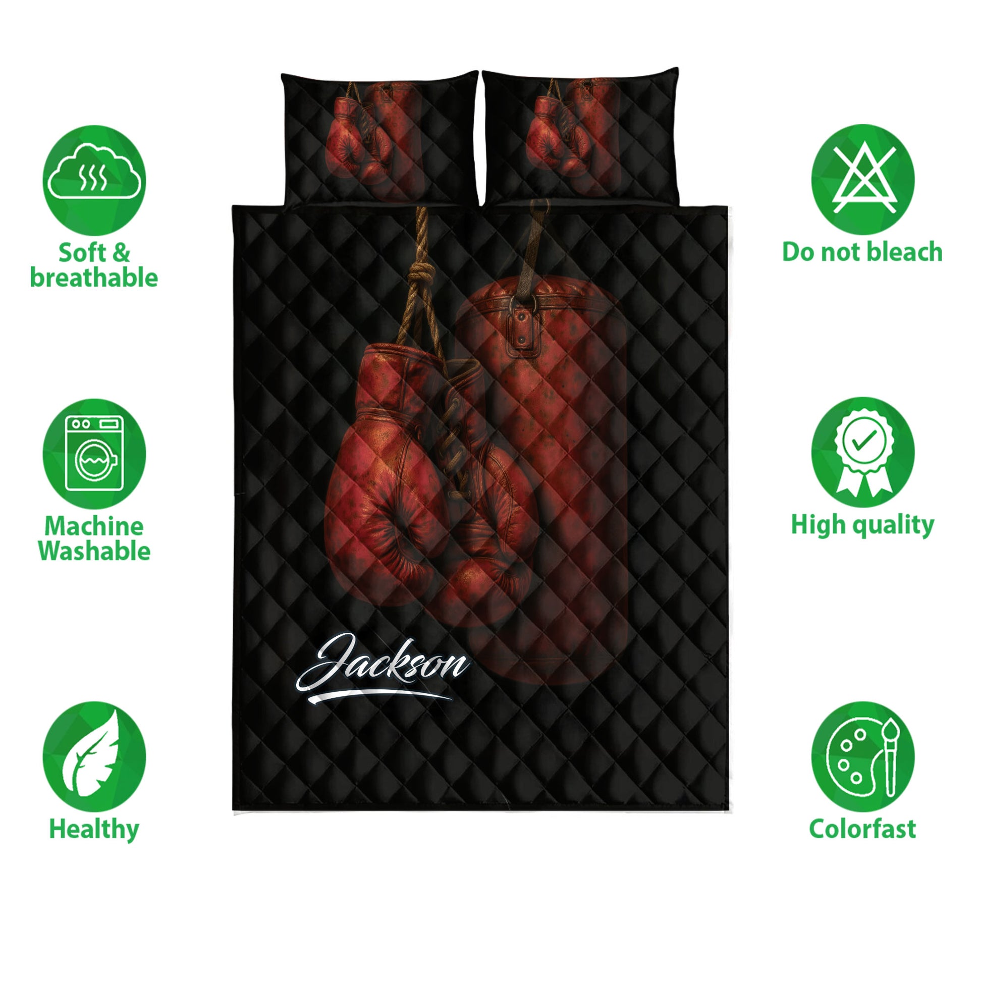 Boxing quilt bedding set with red gloves and punching bag artwork on a black quilted background