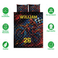 Motocross quilt bedding set with dirt bike rider artwork and product feature icons