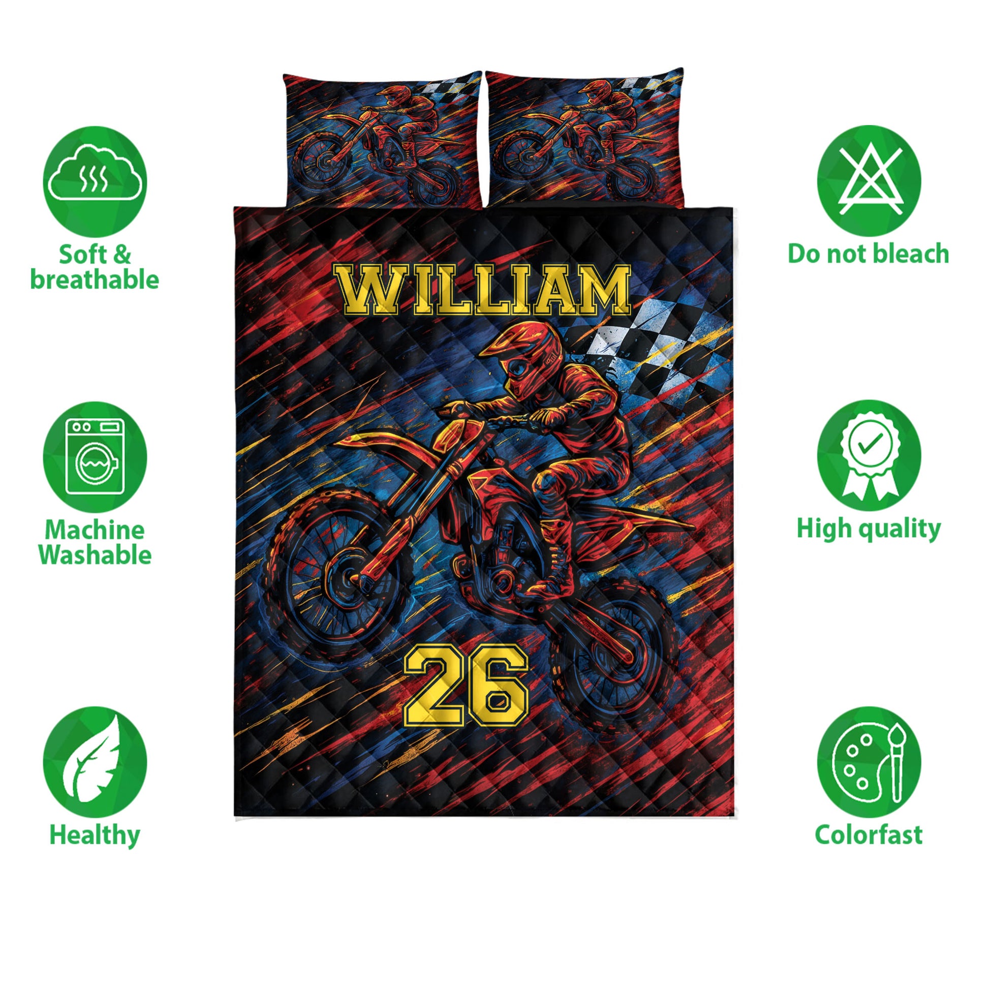 Motocross quilt bedding set with dirt bike rider artwork and product feature icons