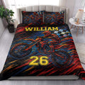Motocross quilt bedding set styled in a bedroom with bold dirt bike racing artwork