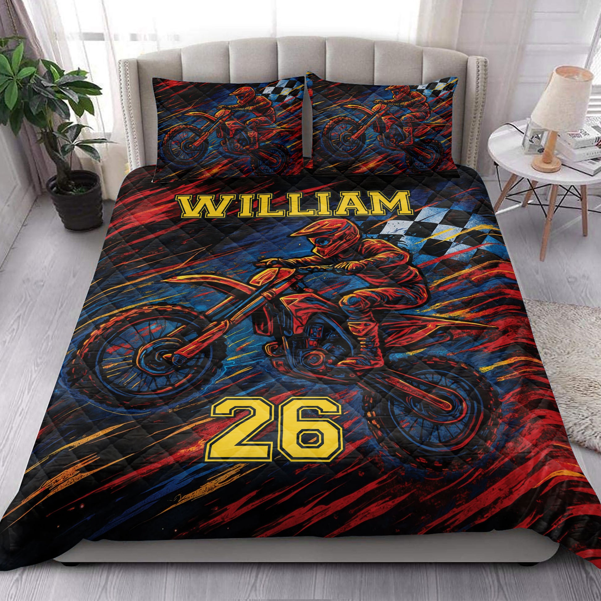 Motocross quilt bedding set styled in a bedroom with bold dirt bike racing artwork