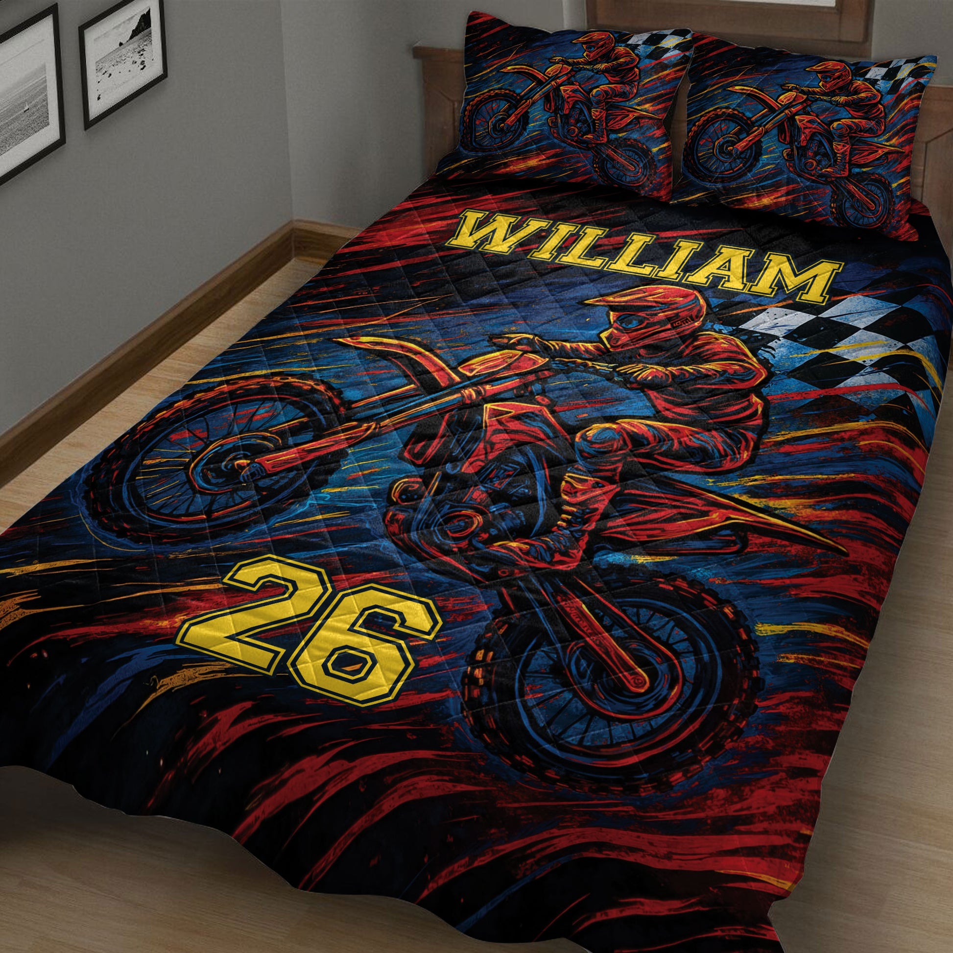 Dirt bike motocross quilt blanket displayed on a bed with racing artwork and bold athletic graphics