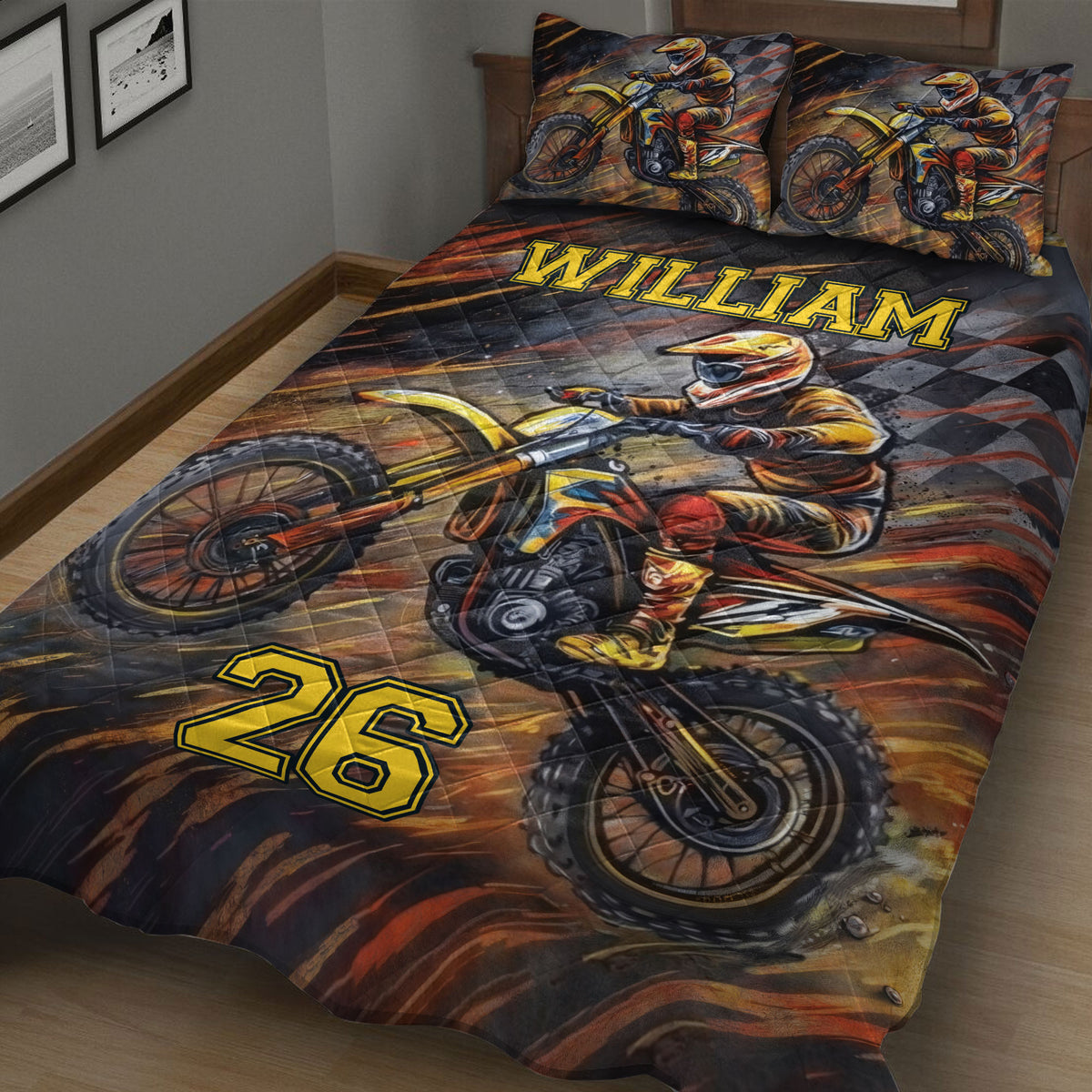 Motocross quilt blanket and pillowcase option displayed on a bed with dramatic dirt bike artwork