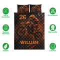 Motocross quilt blanket set with orange and black dirt bike artwork shown with product feature icons