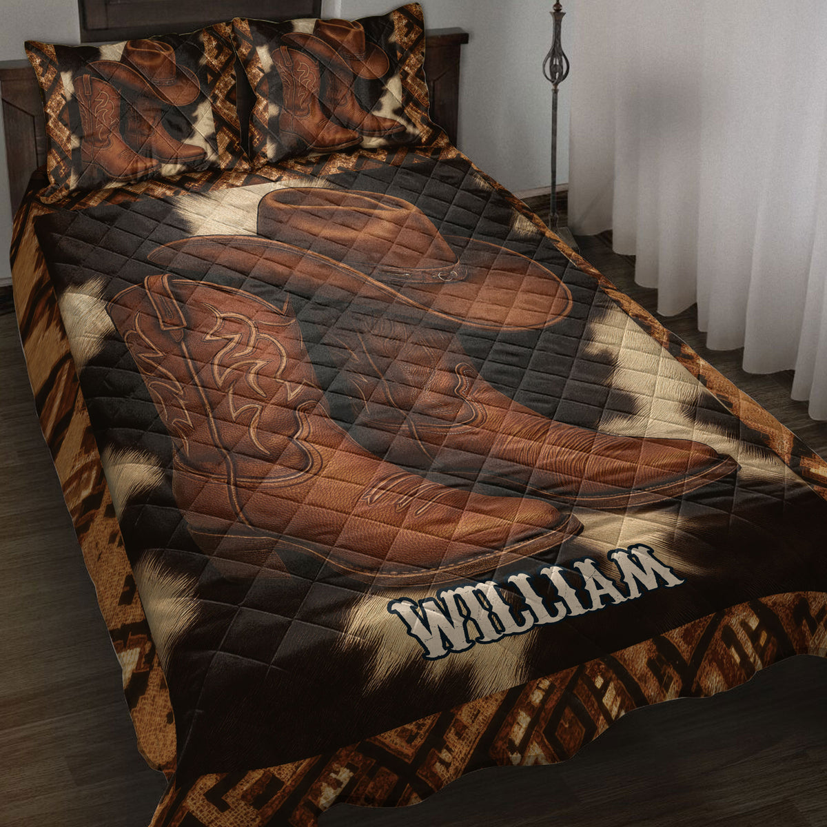 Cowboy quilt blanket bedding set displayed on a bed with Western hats, boots, and rustic brown artwork