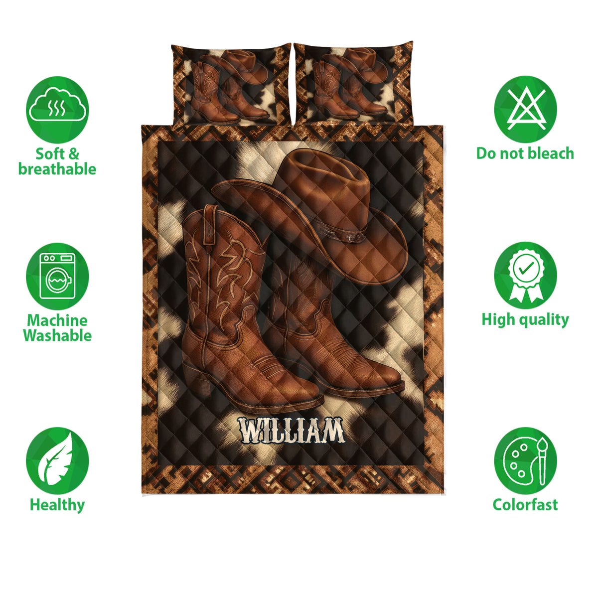 Western cowboy quilt bedding set shown with boot and hat artwork plus soft, breathable product feature icons