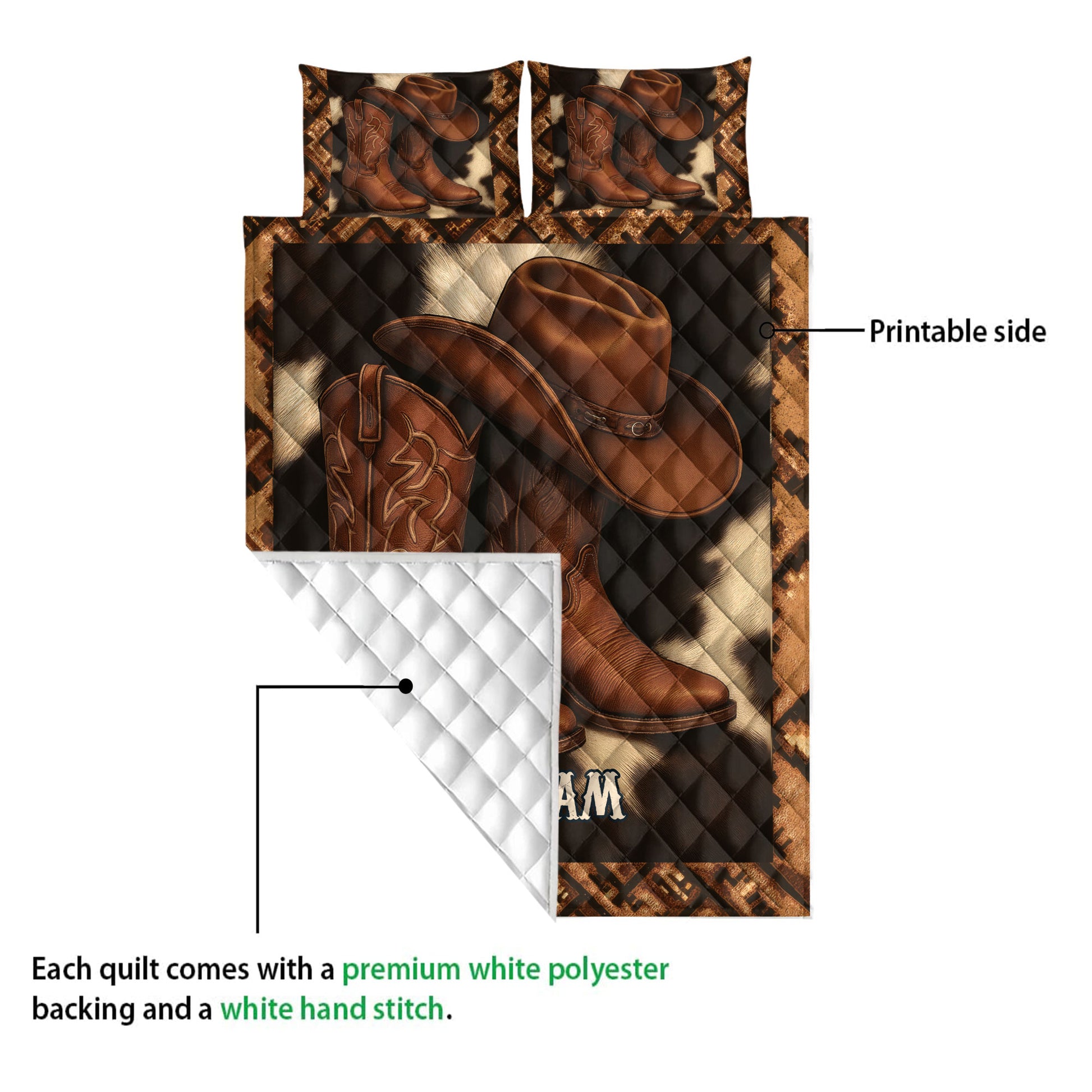 Cowboy quilt blanket showing printed Western hat and boot artwork with a white quilted backing detail