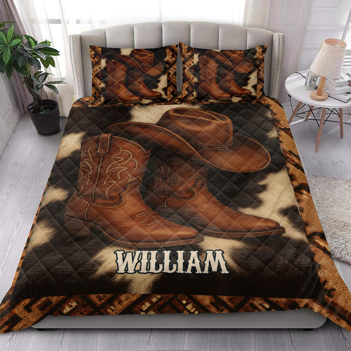 Cowboy quilt bedding styled in a bedroom with large Western hat and boot artwork in brown and black tones