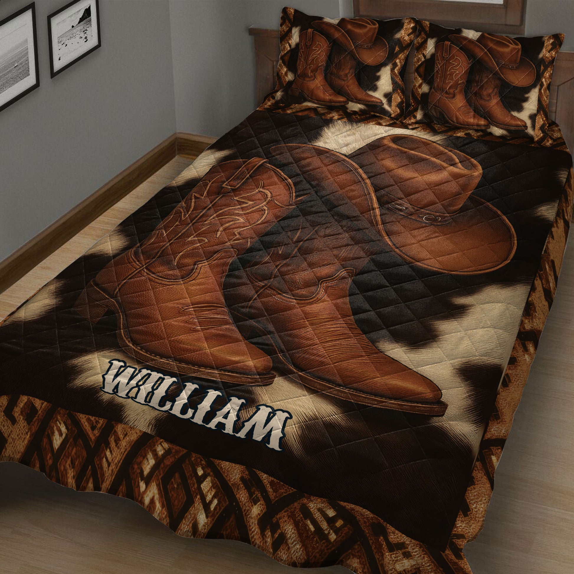 Close view of a Western cowboy quilt blanket featuring leather boots, cowboy hats, and rustic geometric borders