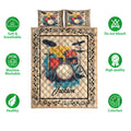 Drum quilt bedding set shown with red drum kit artwork, musical note border, and care feature icons