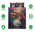 Drum quilt bedding set displayed front-facing with vibrant paint-splashed artwork and feature icons