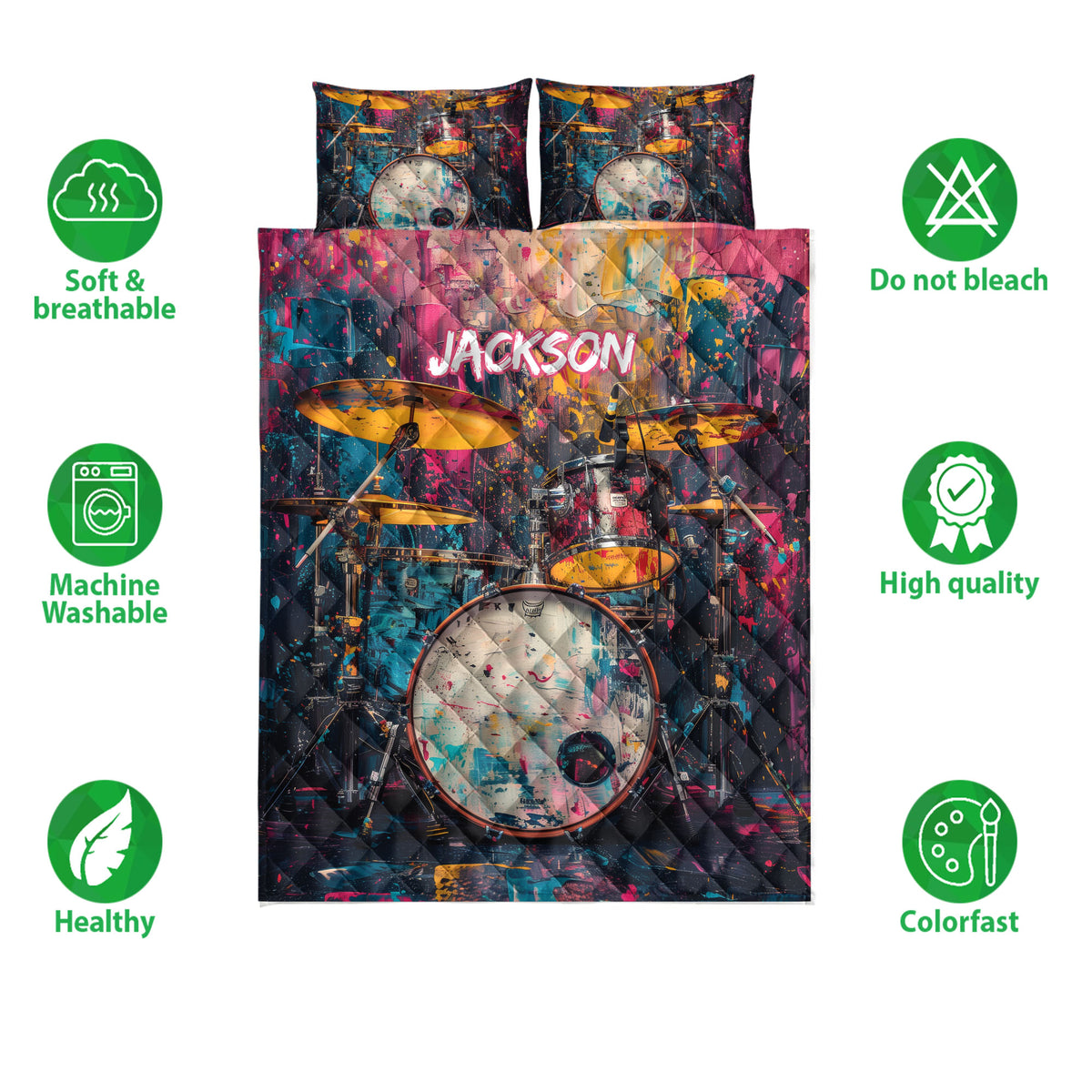 Drum quilt bedding set displayed front-facing with vibrant paint-splashed artwork and feature icons