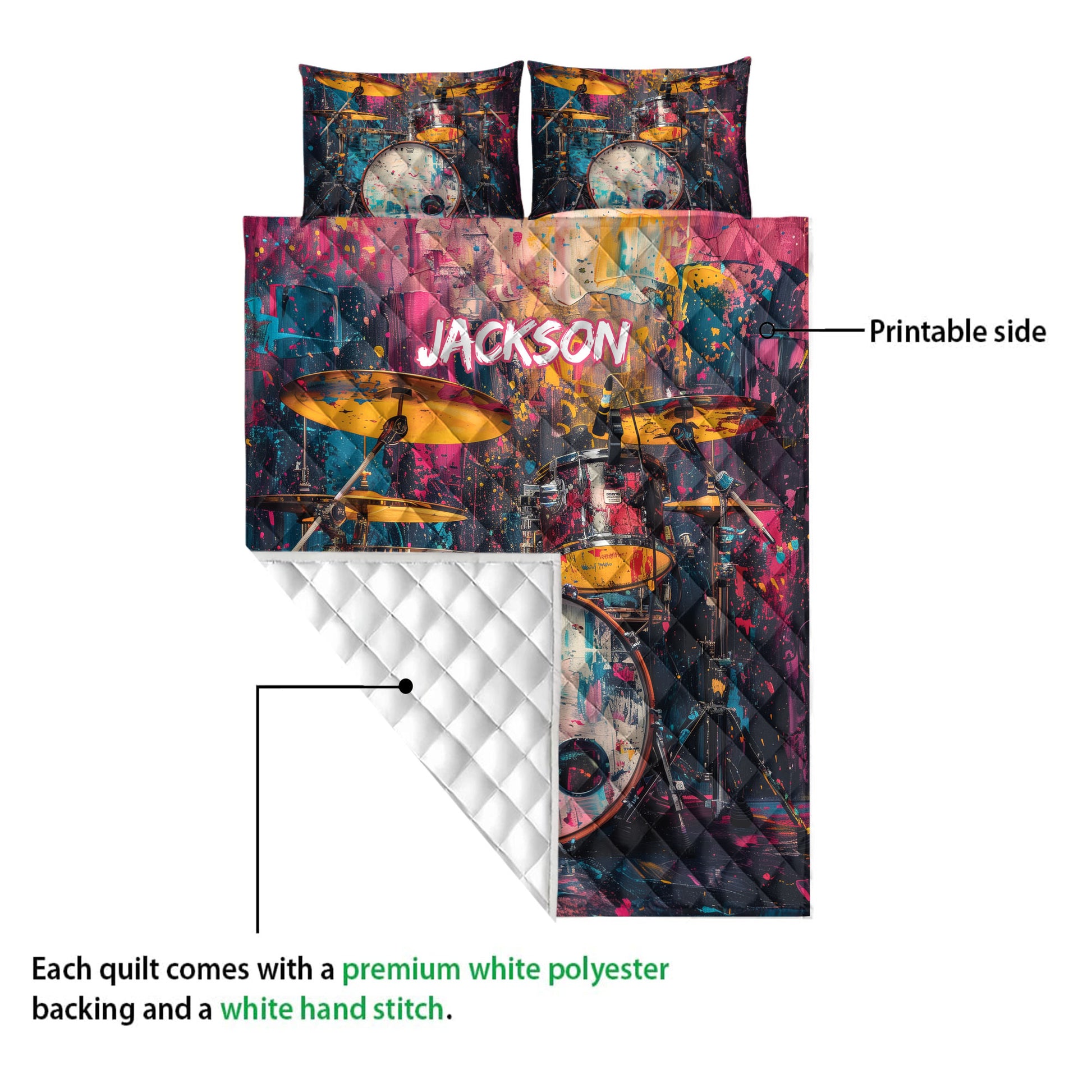 Drum quilt showing its printed front and white diamond-stitched backing in a product detail view