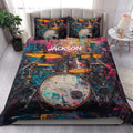 Colorful drum quilt blanket styled on a modern bedroom bed with bold music-themed artwork