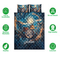 Drum quilt bedding set shown with cosmic music artwork and surrounding care and quality feature icons