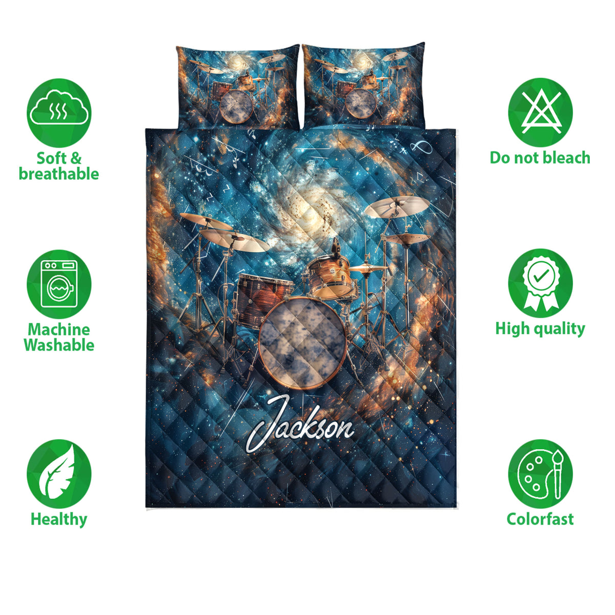 Drum quilt bedding set shown with cosmic music artwork and surrounding care and quality feature icons