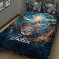 Close bedroom view of a drum quilt blanket featuring a galaxy background, drum kit, and musical notes