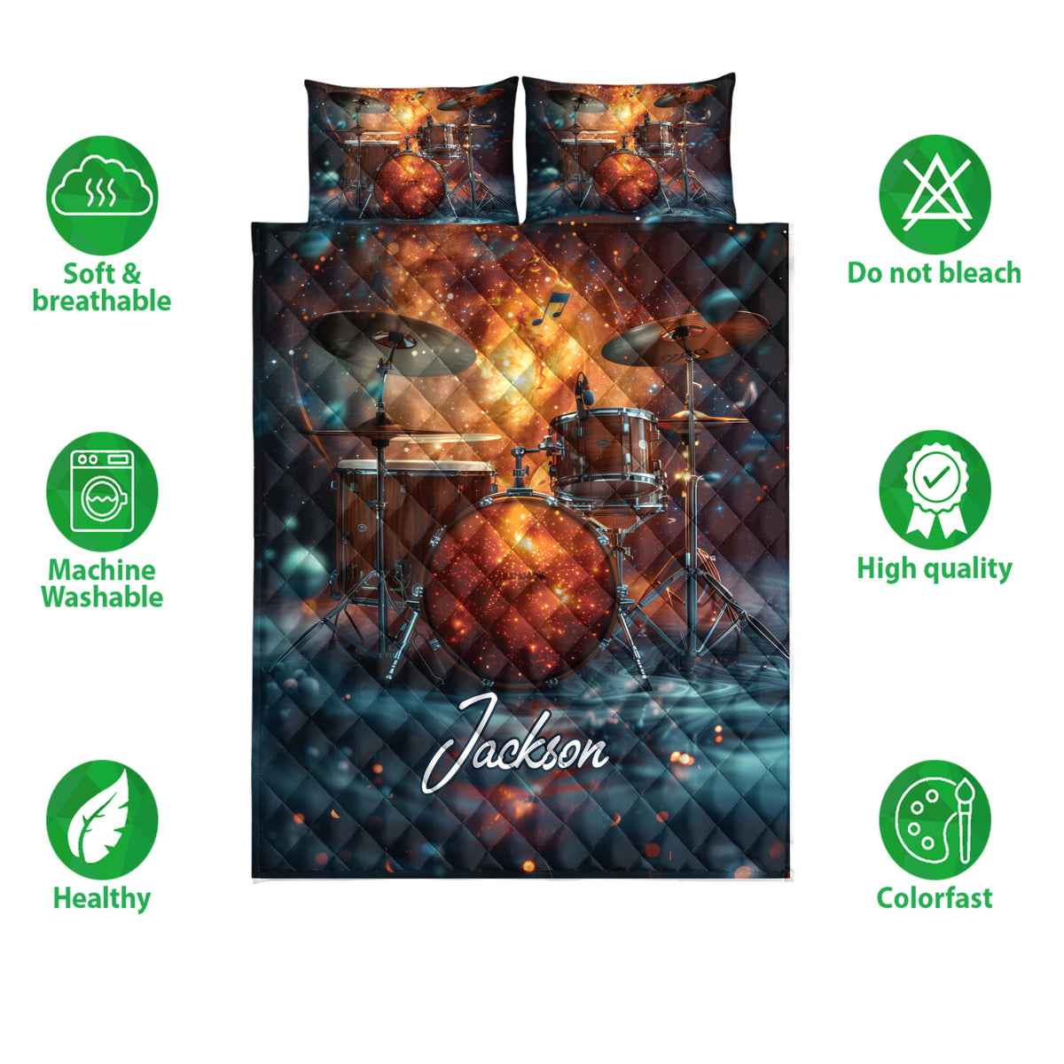 Drum kit quilt bedding set shown flat with vibrant galaxy-inspired music artwork