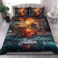 Drum kit quilt bedding set styled in a bright bedroom with bold cosmic artwork