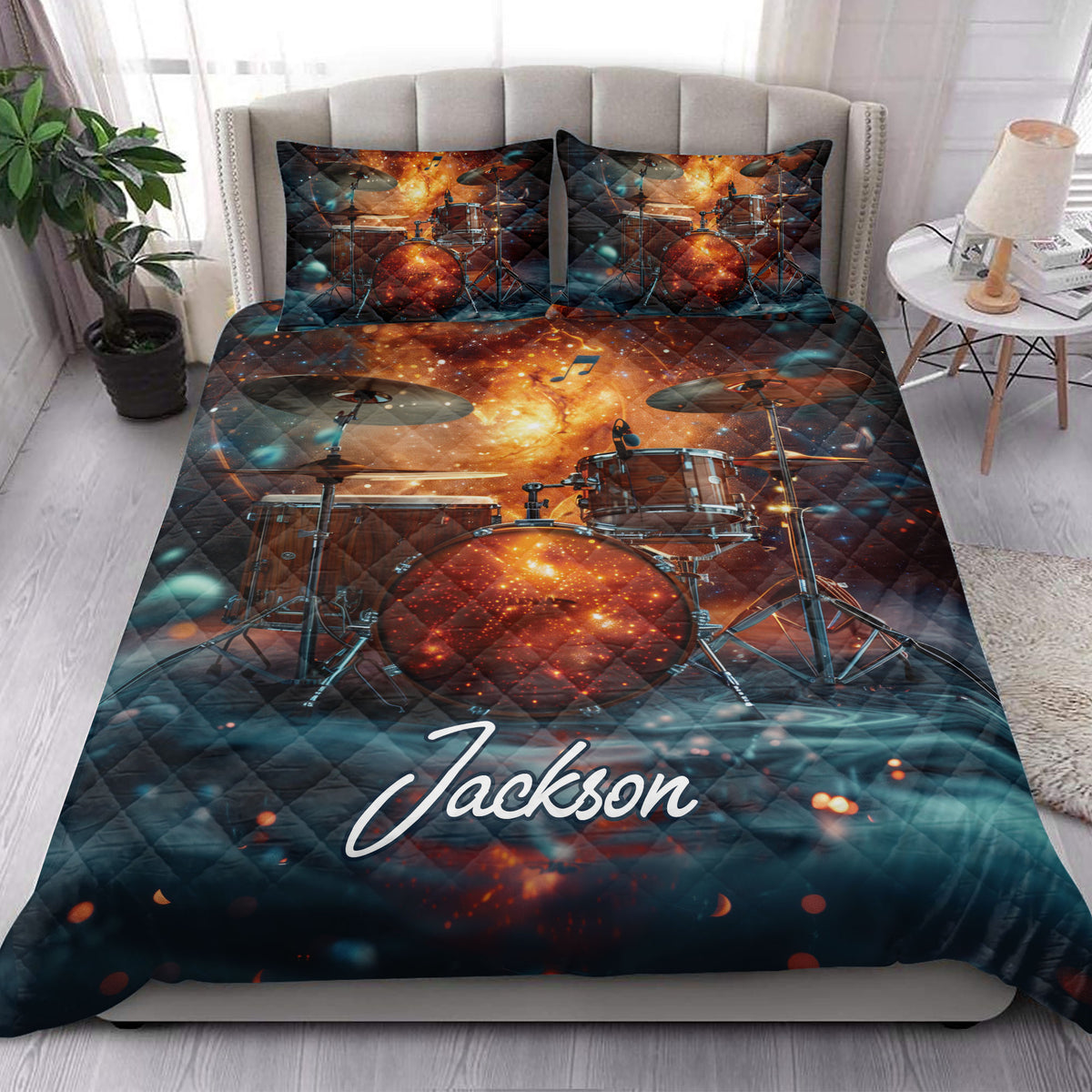 Drum kit quilt bedding set styled in a bright bedroom with bold cosmic artwork