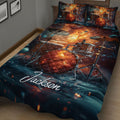 Close bedroom view of a drum quilt blanket featuring cymbals, drums, and glowing music artwork