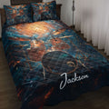Drum quilt blanket displayed on a bed with vivid blue and copper drum kit artwork