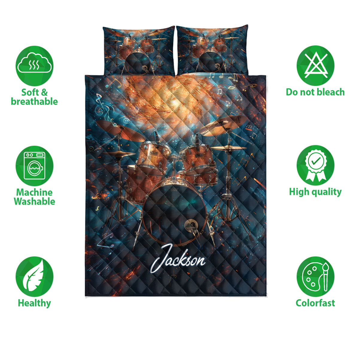 Drum quilt bedding set shown front-facing with colorful drum artwork and care feature icons