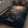 Drum quilt blanket shown on a bed with bold musical notes and detailed drum kit artwork