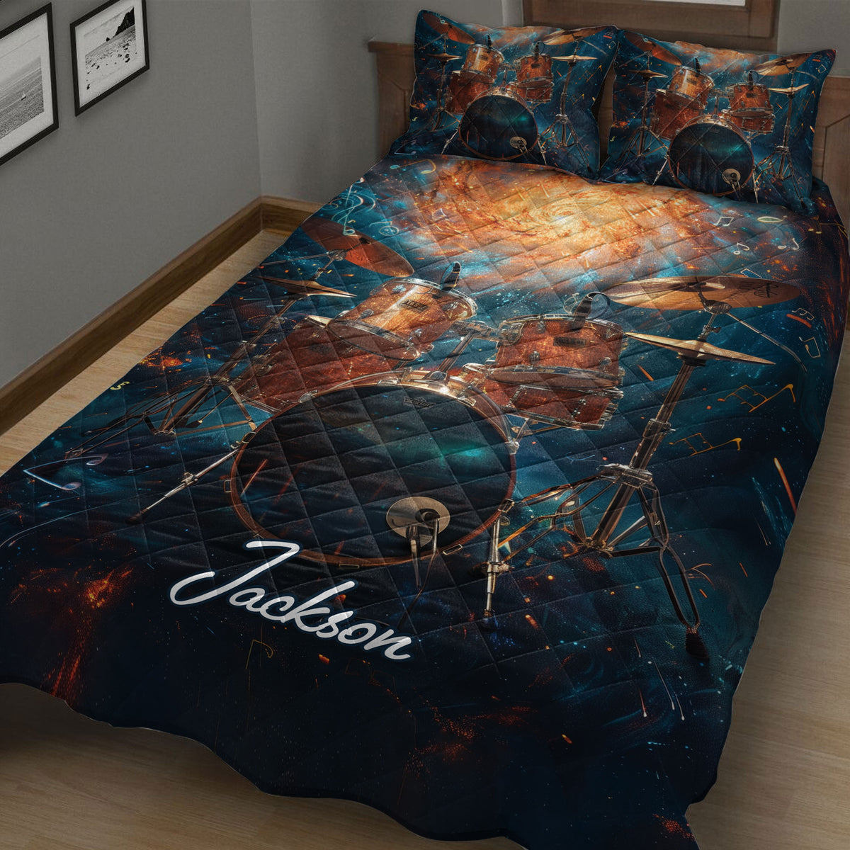 Drum quilt blanket shown on a bed with bold musical notes and detailed drum kit artwork