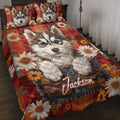 Husky quilt blanket bedding set displayed on a bed with daisies, red plaid artwork, and a bold custom design